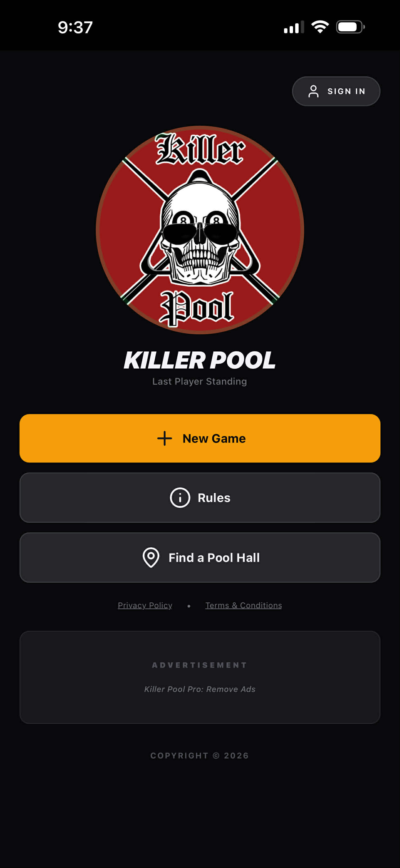 Killer Pool App Main Menu